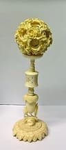 STUNNING LARGE ANTIQUE CHINESE CARVED COW BONE PUZZLE BALL WITH STUNNING STAND