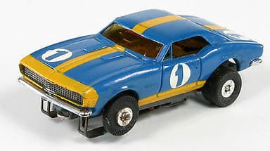 Vintage AURORA Slot Car, #1 CAMARO, Blue & gold, TJET, Model Motoring, NICE