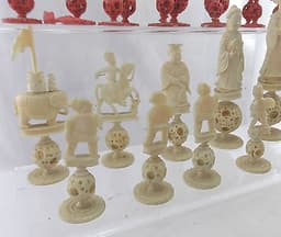 Antique 1800\'s CANTONESE Puzzle Ball Hand-Carved BONE Chess Set Pieces - QG S36