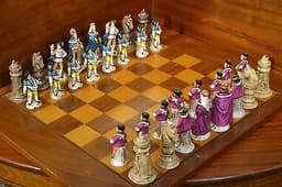 ANTIQUE HAND-PAINTED PORCELAIN CHESS SET, DRESDEN / GERMAN, WITH BOARD, SIGNED