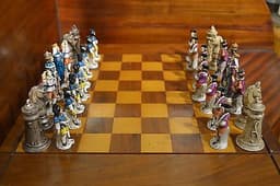 ANTIQUE HAND-PAINTED PORCELAIN CHESS SET, DRESDEN / GERMAN, WITH BOARD, SIGNED