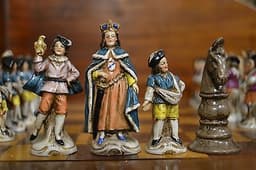 ANTIQUE HAND-PAINTED PORCELAIN CHESS SET, DRESDEN / GERMAN, WITH BOARD, SIGNED