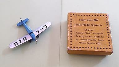 Dinky aircraft, Pre-War 1939 60k Percival Gull and HL Brooks Box, NM