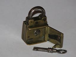 RARE ANTIQUE 1800\'s BRASS TRICK PUZZLE PADLOCK & KEY with DOOR COVERED KEYHOLE
