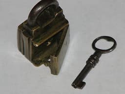 RARE ANTIQUE 1800\'s BRASS TRICK PUZZLE PADLOCK & KEY with DOOR COVERED KEYHOLE