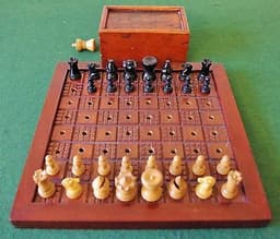 Antique Blind persons Wooden Chess Set + Board + Matching box BCC ? see photos