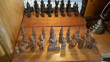 ANTIQUE BUDDHA CHESS SET, STAMPED SOLID TEAK, 6" KING, BALI, MOVING PARTS, RARE!
