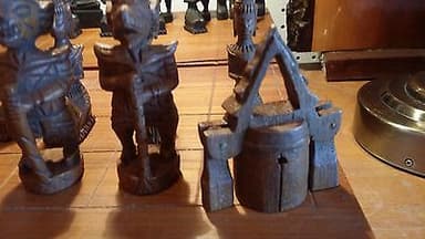 ANTIQUE BUDDHA CHESS SET, STAMPED SOLID TEAK, 6" KING, BALI, MOVING PARTS, RARE!