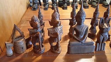 ANTIQUE BUDDHA CHESS SET, STAMPED SOLID TEAK, 6" KING, BALI, MOVING PARTS, RARE!
