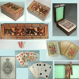 Antique Tunbridge Ware Folding Cribbage Board/Box w/ De La Rue & Co Cards* C1880