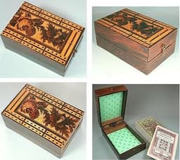 Antique Tunbridge Ware Folding Cribbage Board/Box w/ De La Rue & Co Cards* C1880