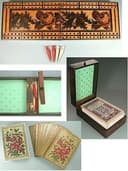 Antique Tunbridge Ware Folding Cribbage Board/Box w/ De La Rue & Co Cards* C1880