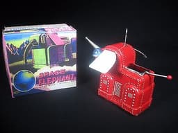RARE VINTAGE TIN WIND-UP SPARKING SPACE ROBOT SPACE ELEPHANT TOY YOSHIYA JAPAN