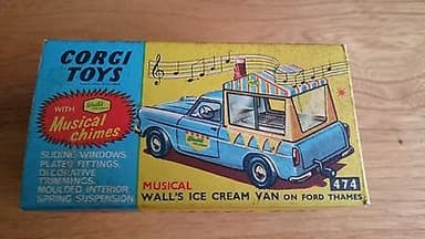 Corgi 474 Ford Anglia Thames Walls Ice Cream Musical, Mint original box + extras