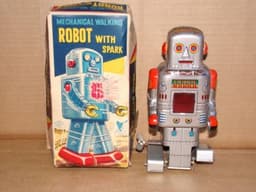 Vintage Clockwork Walking Robot with Sparks SY Japan Tin Toy Boxed