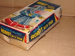 Vintage Clockwork Walking Robot with Sparks SY Japan Tin Toy Boxed