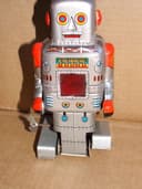 Vintage Clockwork Walking Robot with Sparks SY Japan Tin Toy Boxed