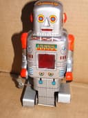 Vintage Clockwork Walking Robot with Sparks SY Japan Tin Toy Boxed
