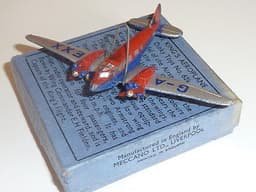 Pre war Dinky 62k King\'s Aeroplane. Boxed + gliding game frame + instructions.