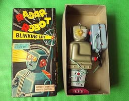 60s VINTAGE TIN RADAR ROBOT IN BOX BY NOMURA JAPAN REMOTE CONTROL TOY