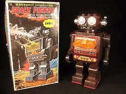 VINTAGE SPACE FIGHTER SMOKE ROBOT BATTERY OP. with O/BOX TOY HORIKAWA SH JAPAN