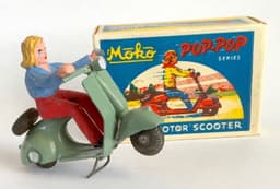 RARE 1940s Moko England Grey POP POP Scooter Box & Rider Lesney Dinky Corgi