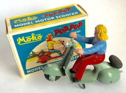 RARE 1940s Moko England Grey POP POP Scooter Box & Rider Lesney Dinky Corgi RARE